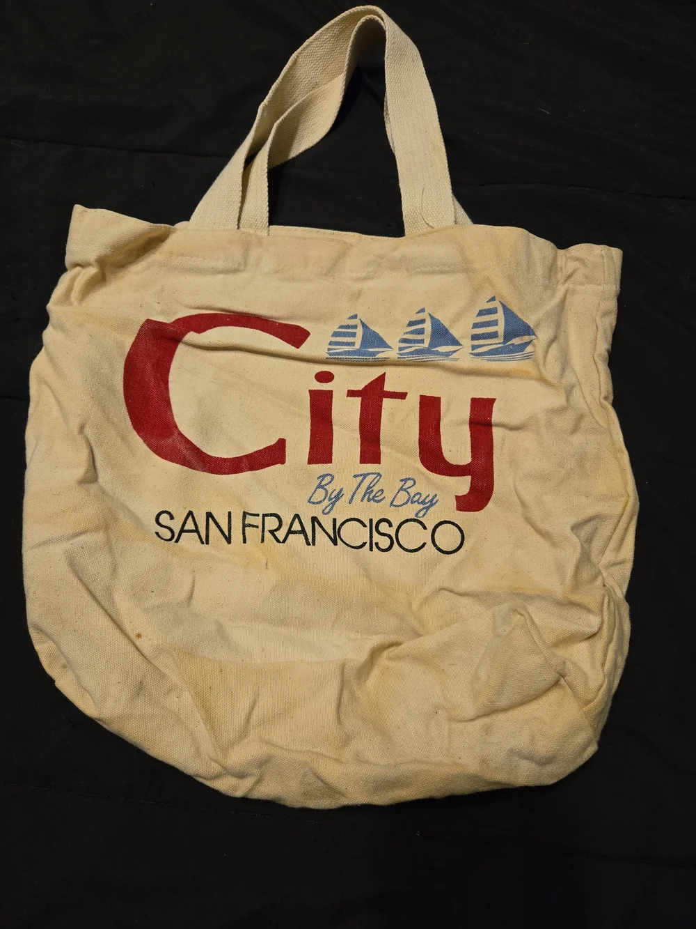 City By The Bay San Francisco Canvas Tote Bag - Cream with Red & Blue Print